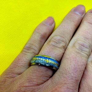 Turquoise Blue & Silver Patterned Stainless Steel Arrow Ring Men’s size 11 New